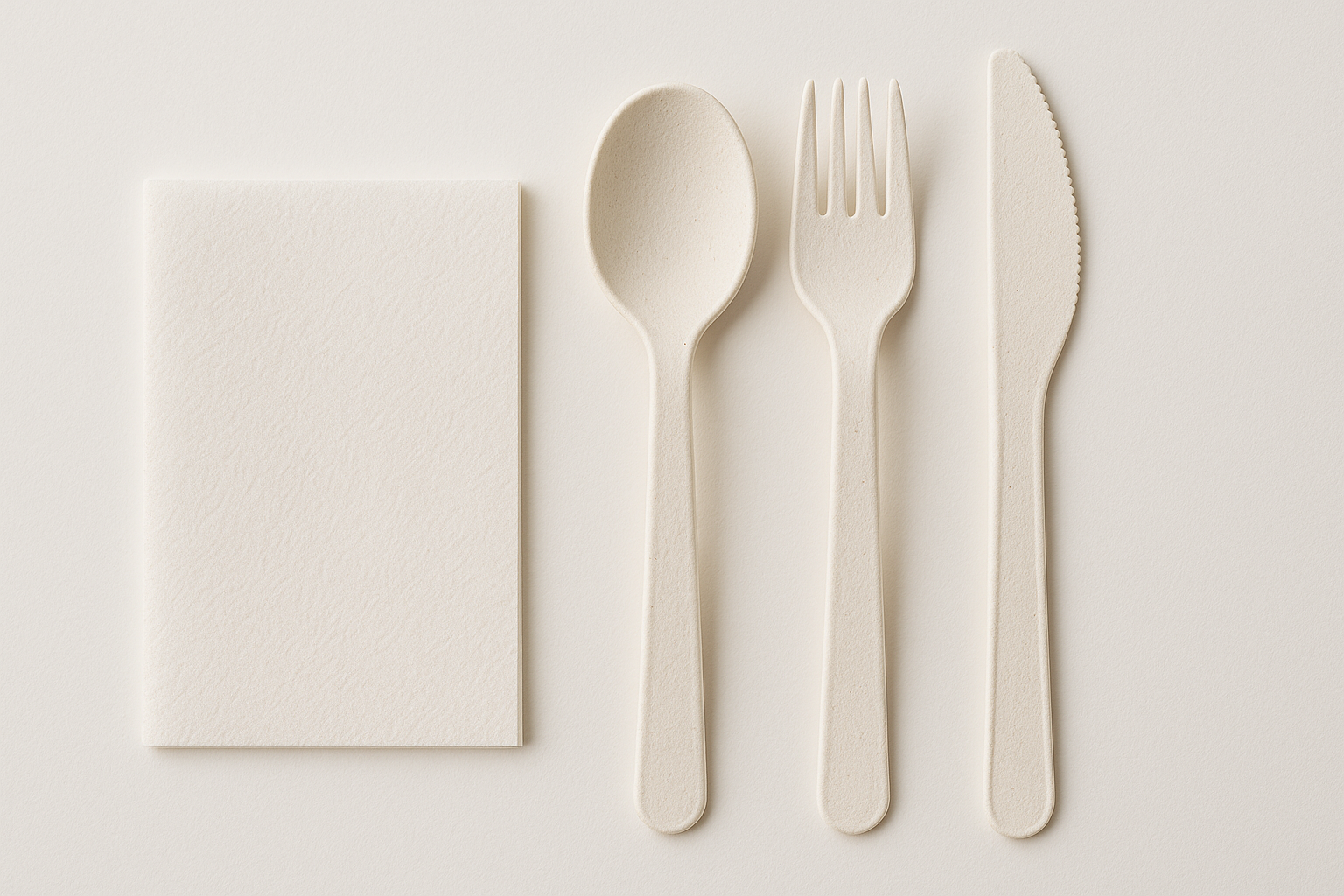 paper napkin, spoon, fork and knife, color white made of bagasse