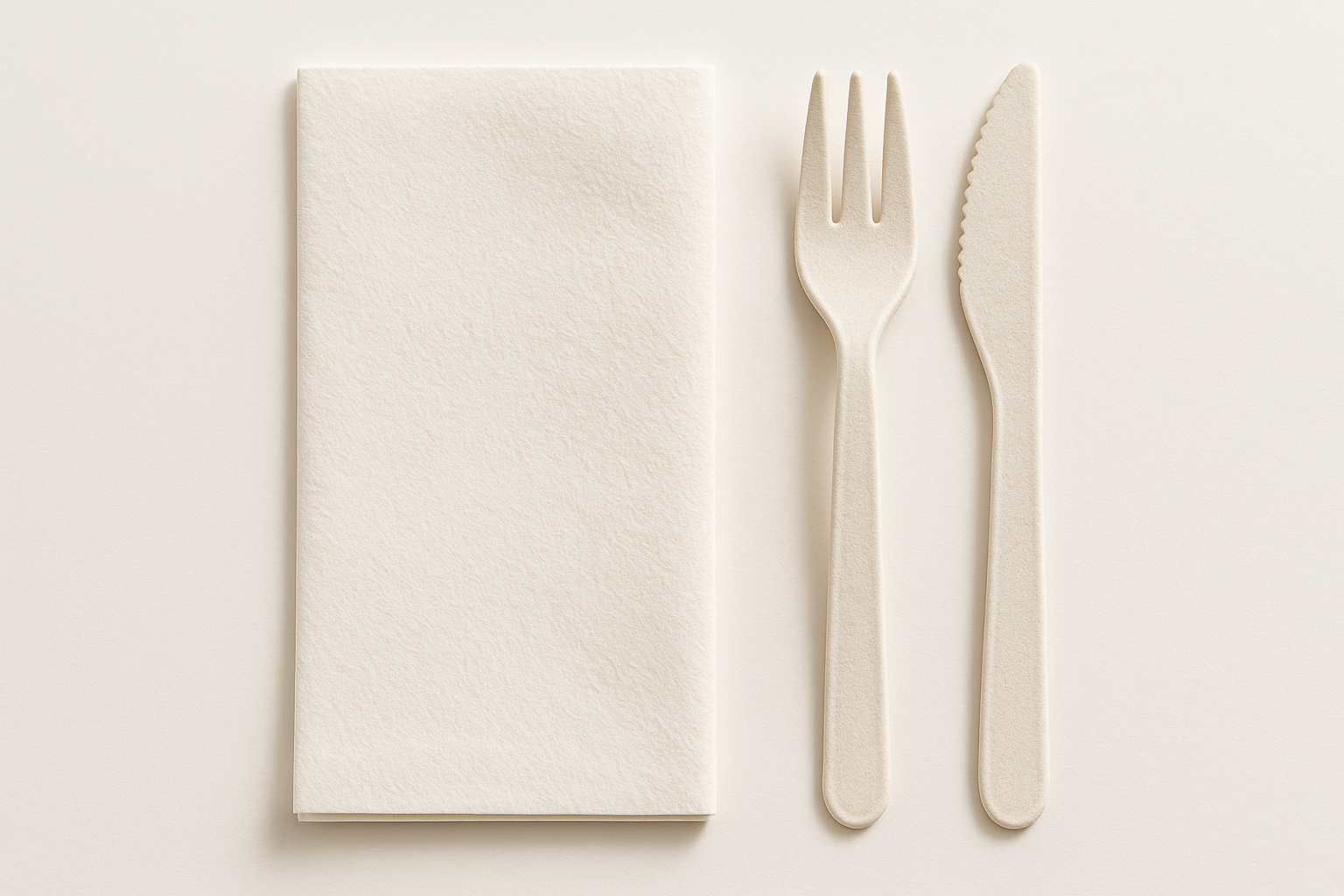 please generate an image of a white napkin, fork and knife made of bagasse